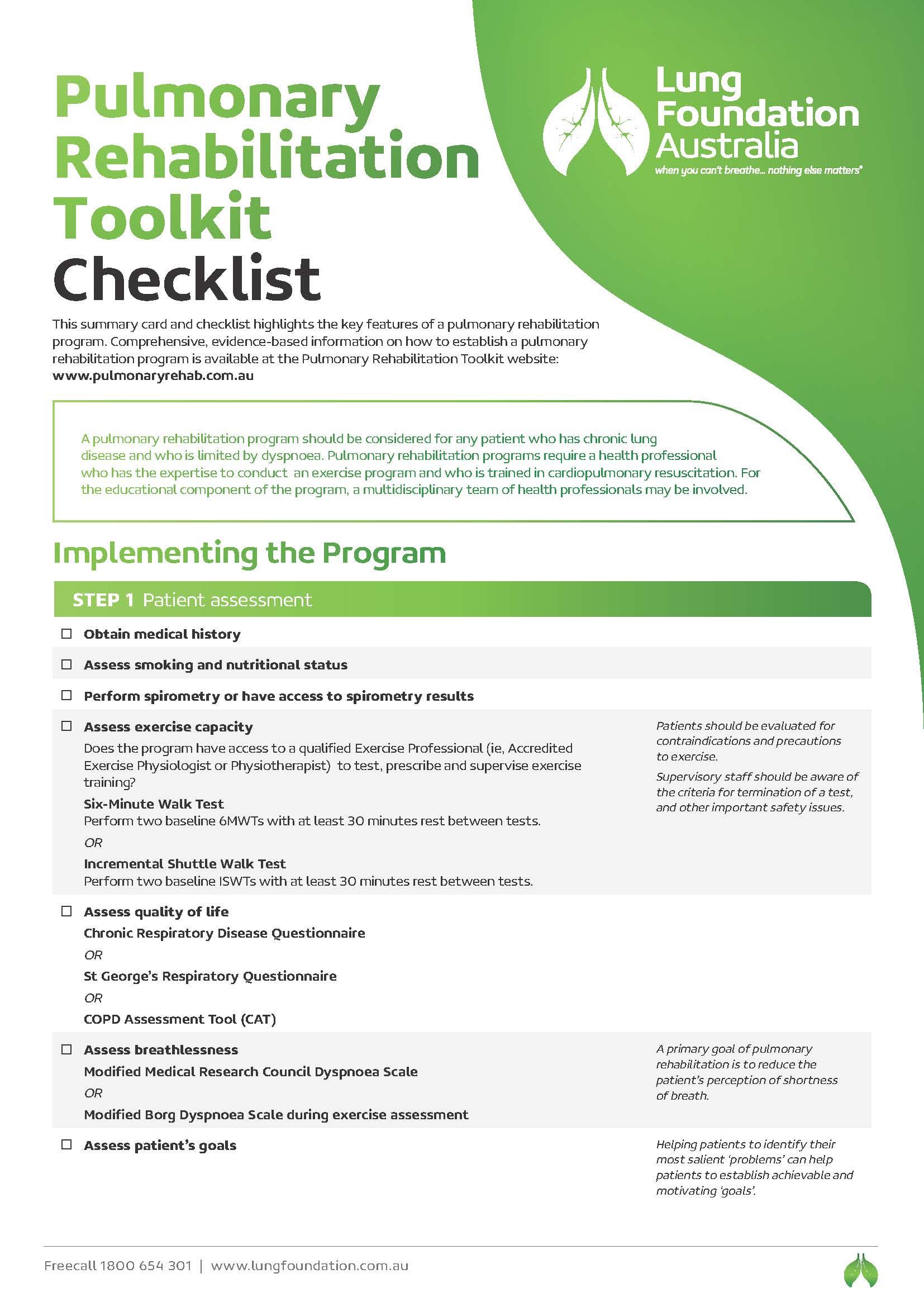 Pulmonary Rehabilitation Toolkit Checklist - Lung Foundation Australia