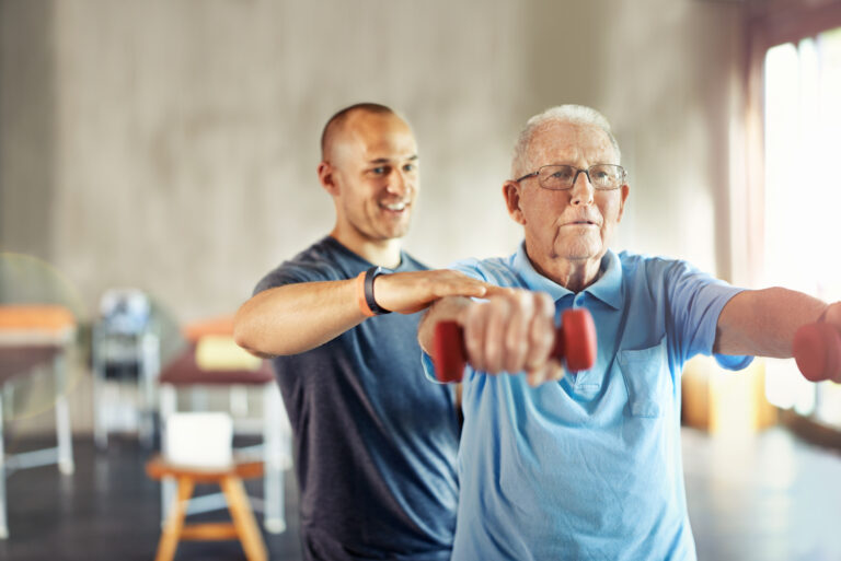 Elderly man exercising.